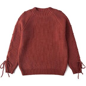 Curipeer Girl’s Long Sleeve Knit Sweater Lace Up Crewneck Cute Pullover Holiday 5-13Y