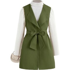 OYOANGLE Girl's Sleeveless Vest Long Cardigan Vests Solid Lapel Neck Open Front Belted Vest Coat Outerwear in Saudi Arabia