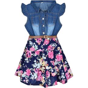 YJ.GWL Flower Girl Dress, Denim Floral Dress, Princess Dresses for Girls, White Girls Spring Summer Dress Casual Outfits, Party Dresses Fashion Clothes for Girls 6-7 Years