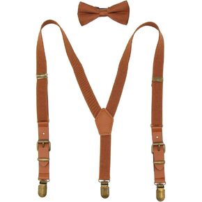 Boys Suspenders Bow Tie Set Tuxedo Braces with Leather and Bronze Clips for Kids