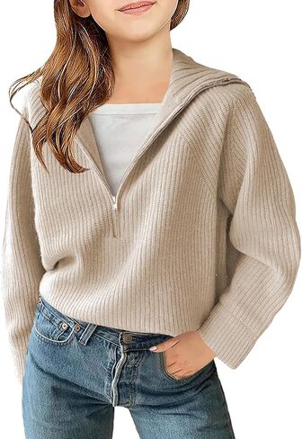 Girls Casual Long Sleeve Half Zip Pullover Sweaters Solid V Neck Collar Ribbed Knitted Loose Slouchy Jumper Tops in Saudi Arabia