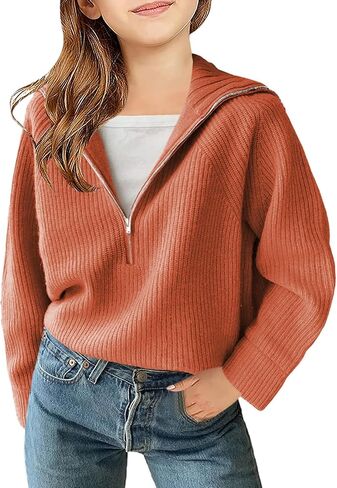 Girls Casual Long Sleeve Half Zip Pullover Sweaters Solid V Neck Collar Ribbed Knitted Loose Slouchy Jumper Tops in Saudi Arabia