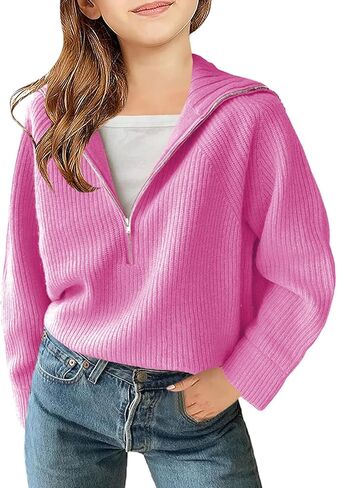 Girls Casual Long Sleeve Half Zip Pullover Sweaters Solid V Neck Collar Ribbed Knitted Loose Slouchy Jumper Tops in Saudi Arabia