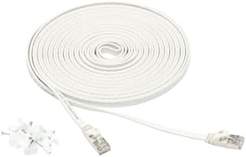 كابل تصحيح إيثرنت RJ45 Cat 7 من Amazon Basics، مسطح، 600 ميجاهرتز، بدون مشبك، يتضمن 25 مسمارًا، 100 قدم، أبيض in Kuwait