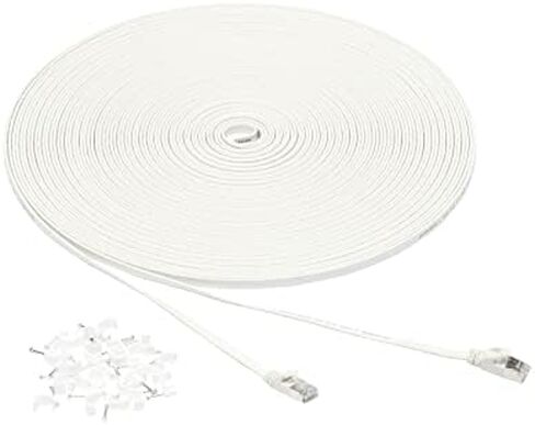 كابل تصحيح إيثرنت RJ45 Cat 7 من Amazon Basics، مسطح، 600 ميجاهرتز، بدون مشبك، يتضمن 25 مسمارًا، 100 قدم، أبيض in Kuwait