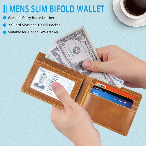 Dseeky Mens Slim Bifold Wallet Multi-function Wallet Slim Simple Leather Wallet for AirTag Oscar,Genuine Crazy Horse Leather(Light Brown) in Saudi Arabia
