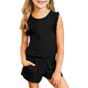 Dokotoo Girls Summer Crew Neck Romper Sleeveless Stretchy Short Jumpsuit Pants with Side Pockets