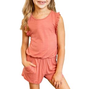 Dokotoo Girls Summer Crew Neck Romper Sleeveless Stretchy Short Jumpsuit Pants with Side Pockets