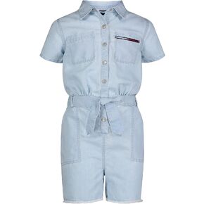 Tommy Hilfiger Girls' Denim Romper With Tie Front Belt and Snap Closure in Kuwait