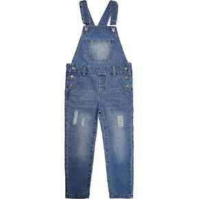 KIDSCOOL SPACE Girls Ripped Denim Overalls,3 Buttons Ripped Elastic Band Inside Jeans Jumpsuit