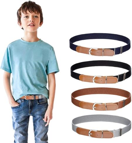 Kajeer Kids Boys Girls Elastic Belt - Stretch Adjustable Belt for Boys and Girls with Leather Loop Belt Pack of 4 in Kuwait