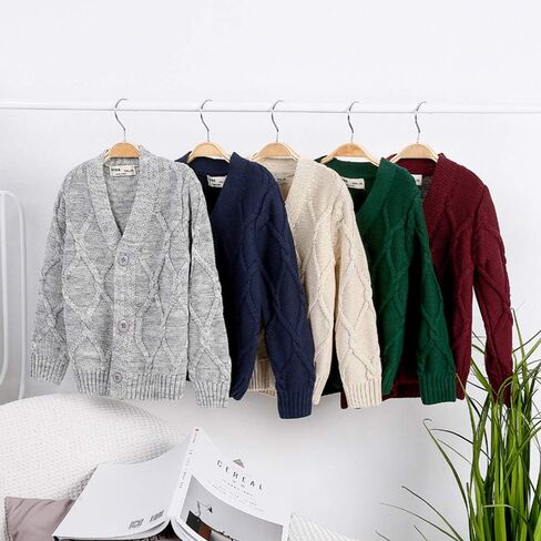 سترة صوفية للأولاد من OCHENTA سميكة محبوكة بياقة على شكل حرف V وأزرار لأعلى وأكمام طويلة ملابس ربيع الخريف in Kuwait