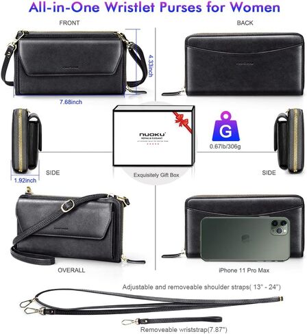 nuoku Womens RFID Wallet Purse Wristlet Crossbody Clutch with Zip Around 2 Strap in Kuwait