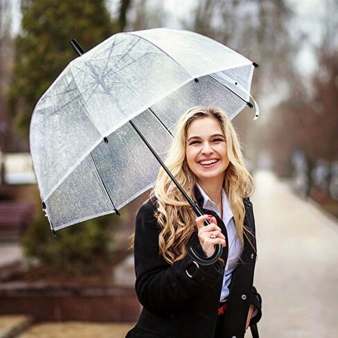 WASING 10 Pack 46 Inch Clear Bubble Umbrellas Wedding Style Large Canopy Transparent Stick Umbrellas Auto Open Windproof with European J Hook Handle Outdoor Umbrella for Adult in Saudi Arabia