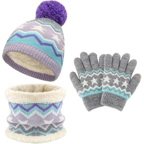 Kids Toddlers Winter Knit Warm Beanie Hat Scarf Gloves Set for Boys Girls Age 2-7, Pompom Cap Neck Warmer Gloves Fleece Lined