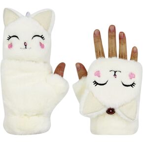 Girls Winter Convertible Mittens Cute Animal Cat Fleece Lined Warm Flap Cover Gloves Mitten for Kids