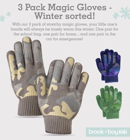 Brook + Bay Kids Magic Gloves - 3 Pack Kids Winter Gloves - Cold Weather Gloves for Boys & Girls - Children's Knit Gloves in Kuwait