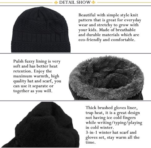 T WILKER 3Pcs Winter Hats Neck Warmer Scarf and Touch Screen Gloves Set for Kids in Kuwait