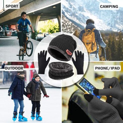 T WILKER 3Pcs Winter Hats Neck Warmer Scarf and Touch Screen Gloves Set for Kids in Kuwait
