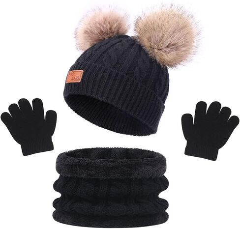 Kids Cute Pompom Winter Beanie, 3 in 1 Hat Scarf Gloves Set Knitted Fleece Lined Beanies Cap for Toddler Kids 1~6 Years Old in Saudi Arabia