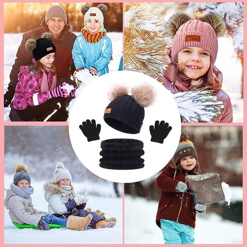 Kids Cute Pompom Winter Beanie, 3 in 1 Hat Scarf Gloves Set Knitted Fleece Lined Beanies Cap for Toddler Kids 1~6 Years Old in Saudi Arabia