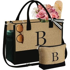 YOOLIFE Gifts for Women - Initial Jute Tote Bag & Makeup Bag, Birthday Gifts for Women Her Mom Wife Teacher Friend
