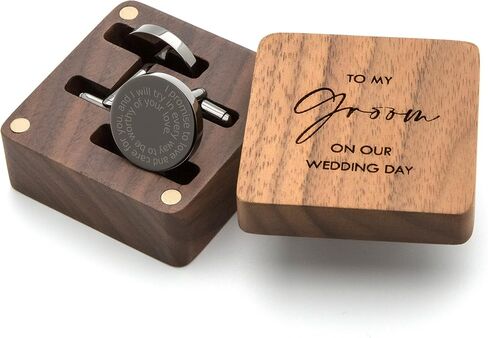 MUUJEE To My Groom Cufflinks with Engraved Wood Gift Box - Gun Metal Cufflinks for Men Cuff Links Wedding Gift for Groom in Saudi Arabia