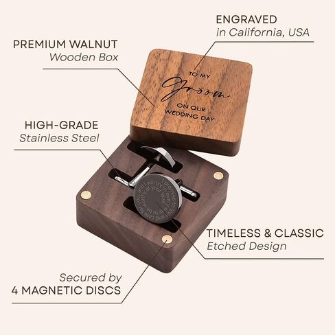 MUUJEE To My Groom Cufflinks with Engraved Wood Gift Box - Gun Metal Cufflinks for Men Cuff Links Wedding Gift for Groom in Saudi Arabia