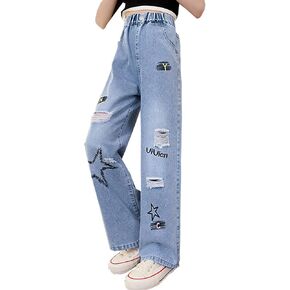 NABER Kids Girls Elastic Waist Cool Ripped Jeans Washed Denim Wide Leg Ripped Denim Jean Age 5-15 Years