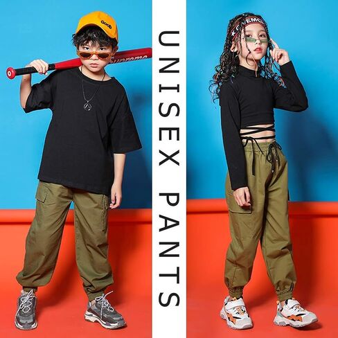 Rolanko Girls Cotton Jogger Cargo Pants for Kids Loose Street Hip Hop Dance in Kuwait