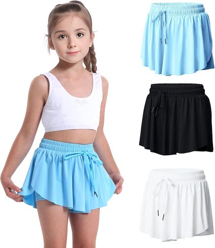 3 Pack Girls Flowy Shorts 2 in 1 Butterfly Skirt Shorts with Pockets for Dance School Wear Running Gym Fitness Sleep in Kuwait