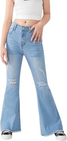 WDIRARA Girl's High Waisted Ripped Raw Hem Flare Bell Bottom Jeans Denim Pants in Saudi Arabia
