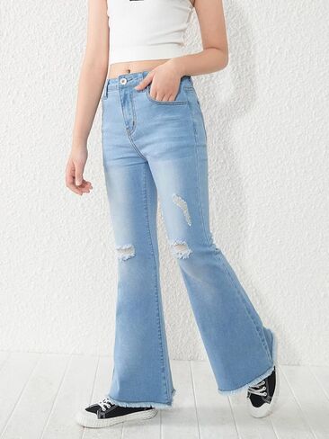 WDIRARA Girl's High Waisted Ripped Raw Hem Flare Bell Bottom Jeans Denim Pants in Saudi Arabia