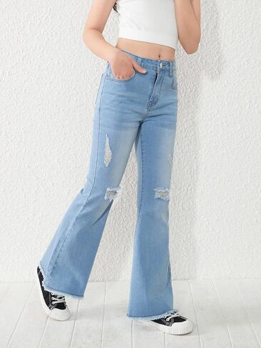 WDIRARA Girl's High Waisted Ripped Raw Hem Flare Bell Bottom Jeans Denim Pants in Saudi Arabia