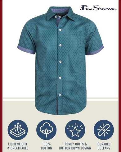 Ben Sherman Boys' Button Down Shirt - Casual Short Sleeve Woven Shirt - Kids' Collared Shirt for Boys (8-18) in Kuwait