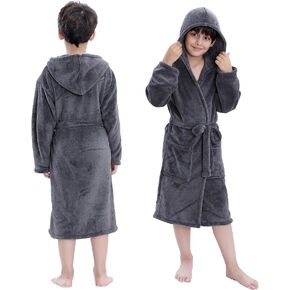 Hooded Herringbone Boy's Fleece Soft Spa Kimono Long Robe, Kids Comfy Sleepwear Bathrobe