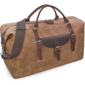 Oversized Travel Duffel Bag Waterproof Canvas Genuine Leather Weekend bag Weekender Overnight Carryon Hand Bag Brown