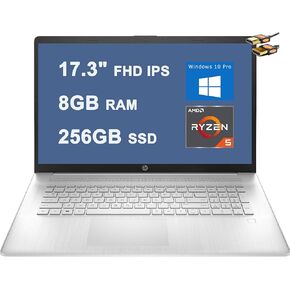 HP 17 Business Laptop Computer 17.3" FHD IPS Display AMD Hexa-Core Ryzen 5 5500U (Beats i7-1160G7) 8GB RAM 256GB SSD Fingerprint Reader USB-C Office365 Win10 Pro Silver + HDMI Cable