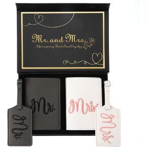 Mr. and Mrs. Luggage Tags and Passport Holder Set - Bridal Shower Gifts with 2 Passport Leather Covers, Wedding Honeymoon Travel Essentials for Bride & Groom Couples (2 Sets, Embroidery Style)