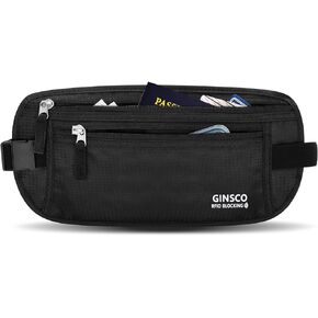 Money Belt for Travel Women Hidden Ginsco Slim RFID Blocking Passport Holder Unisex Travel Money Belt Under Clothes Anti Theft Travel Hidden Wallet for Travelling Workout Running Black 11''