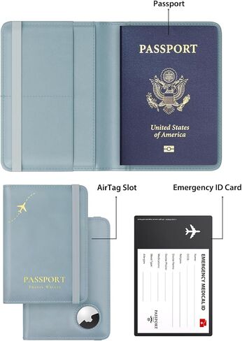حامل جواز سفر Stouchi AirTag، حامل جواز سفر لطيف مع فتحة Airtag، غطاء محفظة جواز سفر RFID للنساء، حافظة حماية لجواز السفر من الجلد العائلي، أساسيات السفر المضادة للفقدان، أزرق سماوي in Kuwait