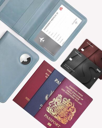 حامل جواز سفر Stouchi AirTag، حامل جواز سفر لطيف مع فتحة Airtag، غطاء محفظة جواز سفر RFID للنساء، حافظة حماية لجواز السفر من الجلد العائلي، أساسيات السفر المضادة للفقدان، أزرق سماوي in Kuwait