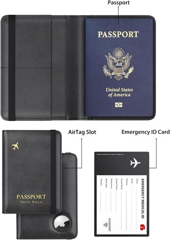 Stouchi AirTag Passport Holder, Slim Passport Holder Family with Airtag Slot, RFID Passport Wallet Cover for Men, PU Leather Passport Case, Anti-Lost Travel Accessories, Black in Kuwait