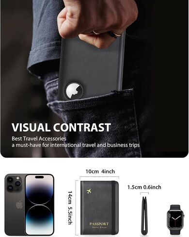 Stouchi AirTag Passport Holder, Slim Passport Holder Family with Airtag Slot, RFID Passport Wallet Cover for Men, PU Leather Passport Case, Anti-Lost Travel Accessories, Black in Kuwait
