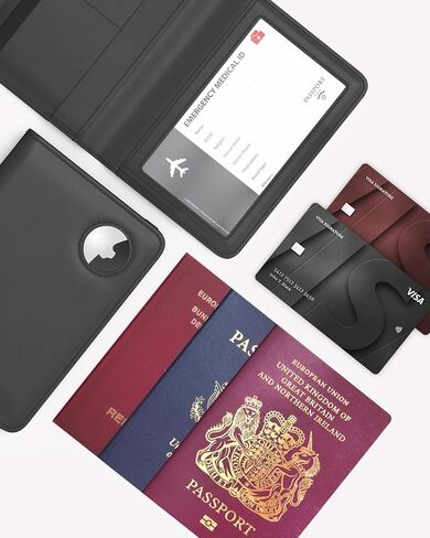 Stouchi AirTag Passport Holder, Slim Passport Holder Family with Airtag Slot, RFID Passport Wallet Cover for Men, PU Leather Passport Case, Anti-Lost Travel Accessories, Black in Kuwait