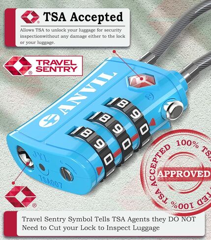 أقفال الأمتعة المعتمدة من ANVIL TSA، قفل مكون من 3 أرقام مع قفل كابل من سبائك الزنك الصلب مثالي لحقيبة السفر، وحقيبة الظهر، والخزائن، والحقيبة، وصندوق الأدوات in Kuwait