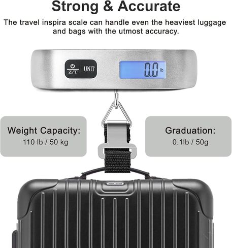 travel inspira Luggage Scale, Portable Digital Hanging Baggage Scale for Travel, Suitcase Weight Scale with Rubber Paint, 110 Pounds, Battery Included, Silver, 2 Pcs in Saudi Arabia