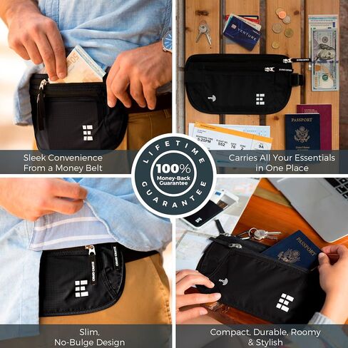 Money Belt for Secure Travel - Concealed Travel Pouch w/RFID Blocking - Secure Important Documents and Money - Durable, Water-Resistant Rip-Stop Nylon w/RFID Sleeves Set in Saudi Arabia