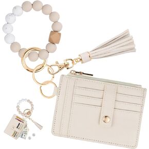 KNGITRYI Wallet Keychain Wristlet for Women,Slim RFID Credit Card Holder Purse Tassel Keychain Bangle Key Ring for Men Women (RFID-Beige, RFID)