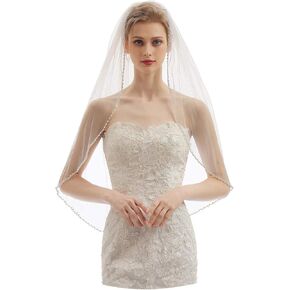 Elawbty Womens 1 Tier Fingertip Length Short Crystal Beaded Wedding Bridal Veil With Comb X09